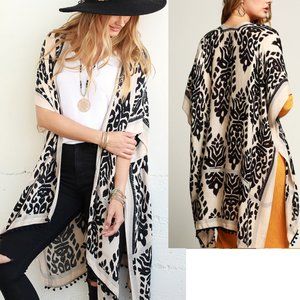 Block Print Damask Kimono Kaftan Pompom Fringe